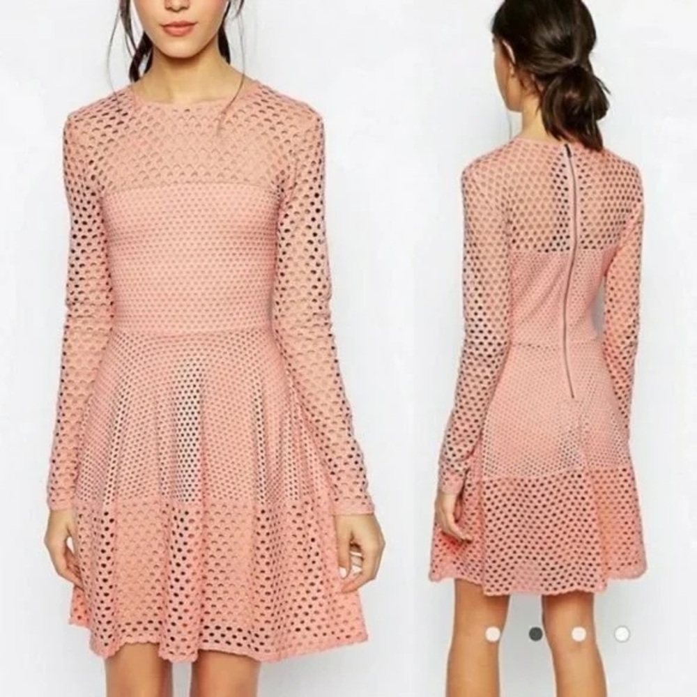 BCBG Max Azria Sz. XS Kyla Whisper Pink Long Sleeve Crochet Fit & Flare Dress